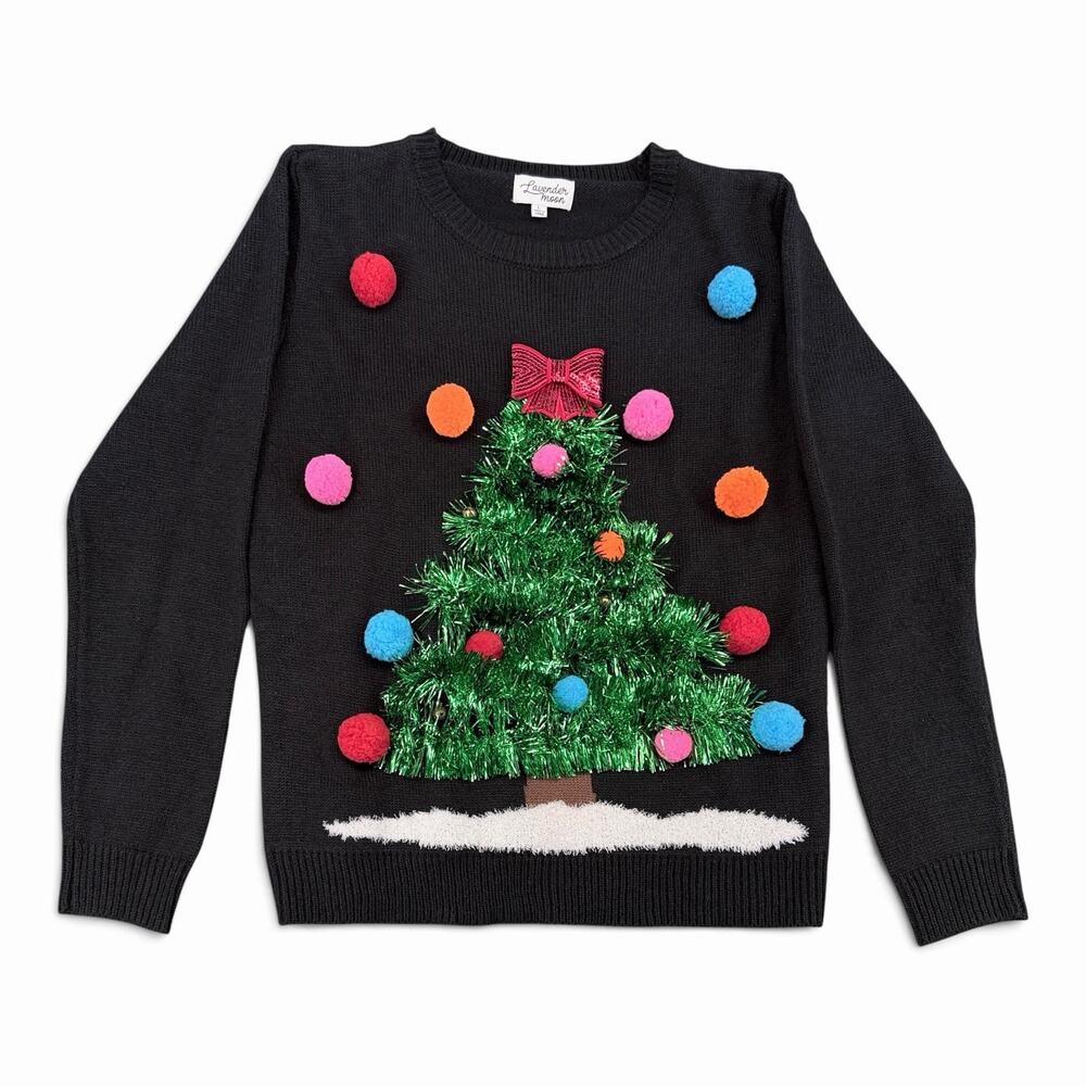 Ugly Christmas Sweater 3D Tinsel Tree Pom Poms Jingle Bells Chime Womens Sz L